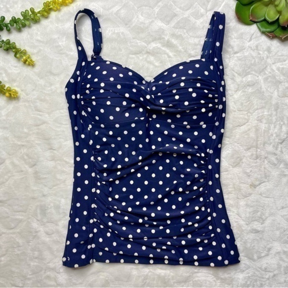 Bond-Eye Australia Polka Dot Sweetheart Top Ruched Tankini Top In Navy and White